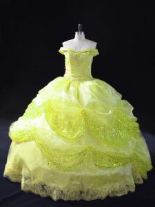  Yellow Green Lace Up Off The Shoulder Lace and Sequins Sweet 16 Dresses Organza Sleeveless