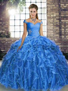  Sleeveless Organza Brush Train Lace Up Quinceanera Dress in Blue with Beading and Ruffles