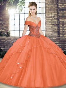 Classical Orange Red Off The Shoulder Lace Up Beading and Ruffles Sweet 16 Dresses Sleeveless