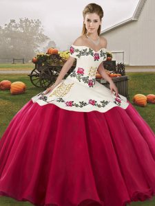  Hot Pink Quinceanera Gowns Military Ball and Sweet 16 and Quinceanera with Embroidery Off The Shoulder Sleeveless Lace Up