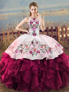  Organza Halter Top Sleeveless Lace Up Embroidery and Ruffles Quinceanera Dress in Fuchsia