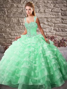 Glamorous Apple Green Lace Up Sweet 16 Dresses Beading and Ruffled Layers Sleeveless Court Train