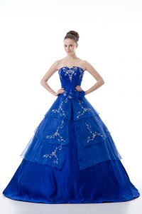 Artistic Royal Blue Sleeveless Embroidery and Ruffled Layers Floor Length Vestidos de Quinceanera