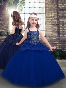  Blue Sleeveless Beading Floor Length Little Girl Pageant Dress