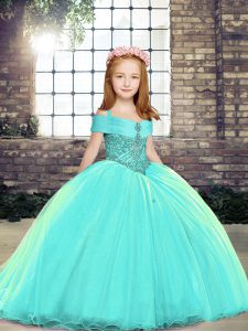 Excellent Sleeveless Little Girl Pageant Dress Brush Train and Beading
