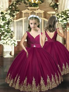 Eye-catching Burgundy Ball Gowns Tulle Sleeveless Embroidery Floor Length Backless Child Pageant Dress