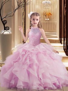  Ball Gowns Child Pageant Dress Lilac High-neck Tulle Sleeveless Floor Length Lace Up