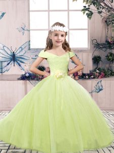  Yellow Green Off The Shoulder Lace Up Lace and Belt Kids Formal Wear Sleeveless