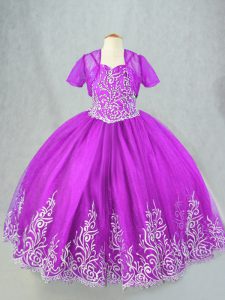 Stylish Floor Length Purple Little Girls Pageant Dress Wholesale Tulle Sleeveless Beading and Embroidery