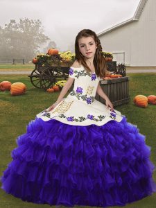  Sleeveless Lace Up Floor Length Embroidery and Ruffled Layers Little Girl Pageant Dress
