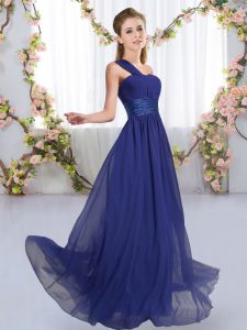 Designer Empire Dama Dress Royal Blue One Shoulder Chiffon Sleeveless Floor Length Lace Up