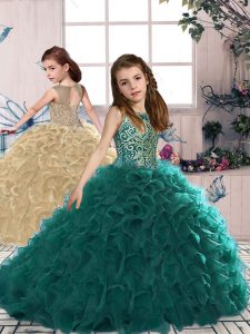High Quality Floor Length Lace Up Little Girl Pageant Gowns Turquoise for Party and Wedding Party with Beading and Ruffles