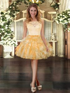  Mini Length Gold Prom Gown Organza Sleeveless Lace and Ruffles