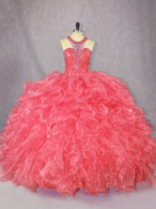  Scoop Sleeveless Quinceanera Dresses Floor Length Beading and Ruffles Coral Red Organza