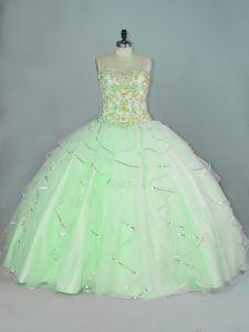 Sleeveless Floor Length Beading and Ruffles Lace Up Quinceanera Gown with Apple Green