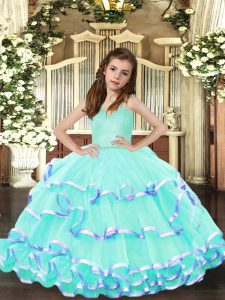  Aqua Blue Sleeveless Organza Lace Up Girls Pageant Dresses for Party and Sweet 16 and Wedding Party