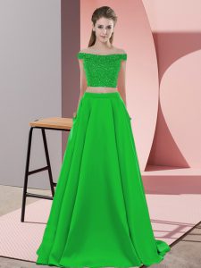  Two Pieces Sleeveless Green Evening Dress Sweep Train Backless