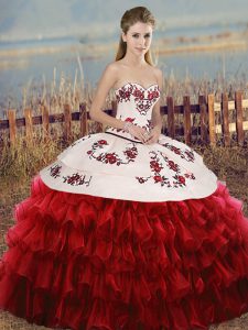 Attractive White And Red Organza Lace Up Sweetheart Sleeveless Floor Length Sweet 16 Dress Embroidery and Ruffled Layers and Bowknot