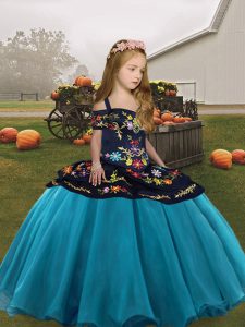  Teal Sleeveless Embroidery Floor Length Little Girl Pageant Dress