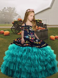  Ball Gowns Kids Formal Wear Teal Straps Organza Sleeveless Floor Length Lace Up