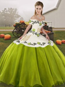  Olive Green Organza Lace Up Off The Shoulder Sleeveless Floor Length Quince Ball Gowns Embroidery