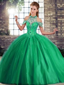 Gorgeous Tulle Sleeveless Quince Ball Gowns Brush Train and Beading