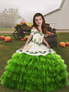 Nice Floor Length Lace Up Kids Pageant Dress Green for Party and Wedding Party with Embroidery and Ruffled Layers