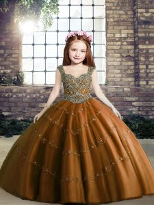 Classical Straps Sleeveless Tulle Child Pageant Dress Beading Lace Up