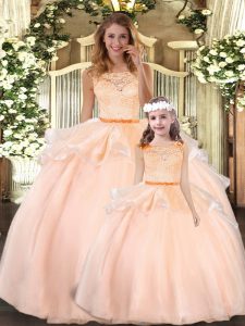 Elegant Floor Length Ball Gowns Sleeveless Peach Quinceanera Gown Zipper