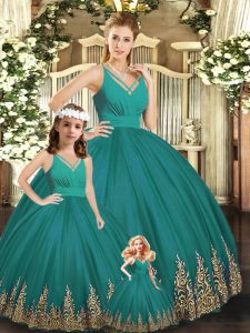 Wonderful Turquoise Ball Gowns V-neck Sleeveless Tulle Floor Length Backless Embroidery 15 Quinceanera Dress