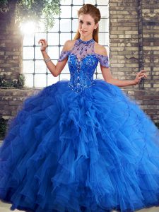 Amazing Royal Blue Ball Gowns Beading and Ruffles Sweet 16 Quinceanera Dress Lace Up Tulle Sleeveless Floor Length