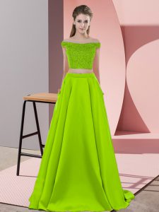 Lovely Beading Prom Evening Gown Yellow Green Backless Sleeveless Sweep Train