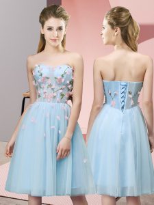 Pretty Light Blue Sleeveless Tulle Lace Up Quinceanera Court of Honor Dress for Wedding Party