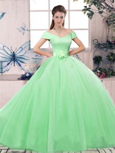 Most Popular Tulle Off The Shoulder Short Sleeves Lace Up Lace and Hand Made Flower Ball Gown Prom Dress in Apple Green