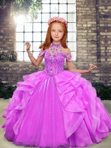 Trendy Lilac Organza Lace Up High-neck Sleeveless Floor Length Kids Formal Wear Beading