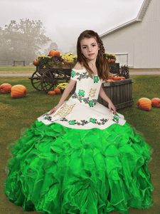 Trendy Green Straps Neckline Embroidery and Ruffles Kids Pageant Dress Sleeveless Lace Up