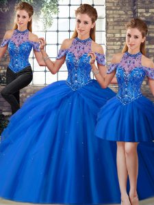 Sexy Blue 15th Birthday Dress Halter Top Sleeveless Brush Train Lace Up