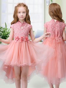 Flirting High Low Peach Little Girls Pageant Dress Organza Cap Sleeves Lace and Hand Made Flower