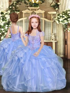 Latest Blue Lace Up Little Girl Pageant Gowns Beading Sleeveless Floor Length