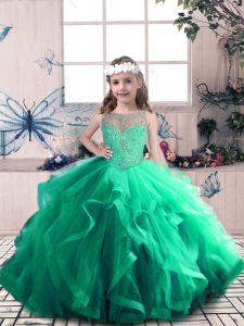  Green Lace Up Scoop Beading and Ruffles Little Girls Pageant Gowns Tulle Sleeveless
