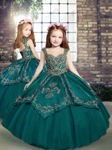 Most Popular Straps Sleeveless Little Girl Pageant Dress Floor Length Beading and Embroidery Teal Tulle