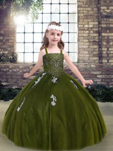 Fashionable Tulle Strapless Sleeveless Lace Up Appliques Little Girls Pageant Gowns in Olive Green
