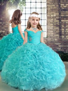  Aqua Blue Straps Lace Up Beading and Ruching Little Girls Pageant Gowns Sleeveless