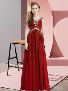 Fabulous Straps Cap Sleeves Prom Gown Floor Length Beading Red Chiffon