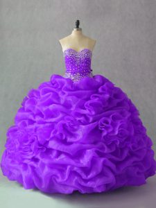  Beading and Pick Ups and Hand Made Flower Quinceanera Gown Purple Lace Up Sleeveless Floor Length