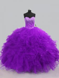 Purple Lace Up 15th Birthday Dress Beading and Ruffles Sleeveless Floor Length