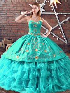  Sleeveless Organza Lace Up Quinceanera Dresses in Aqua Blue with Embroidery and Ruffled Layers