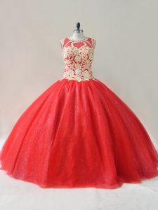 Romantic Tulle Scoop Sleeveless Lace Up Beading Ball Gown Prom Dress in Red