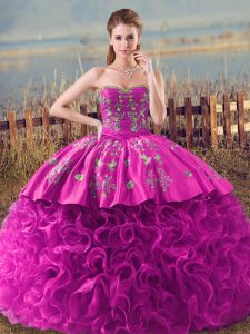 Extravagant Sweetheart Sleeveless Sweet 16 Quinceanera Dress Brush Train Embroidery and Ruffles Fuchsia Fabric With Rolling Flowers