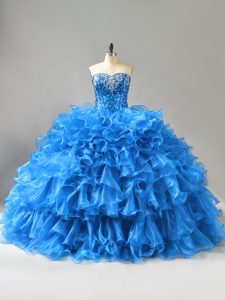  Blue Sweetheart Neckline Beading and Ruffles and Sequins Ball Gown Prom Dress Sleeveless Lace Up